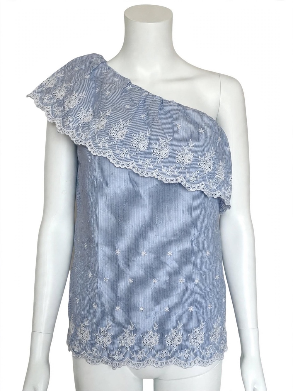 One-Shoulder Blue Eyelet Embroidered Dress